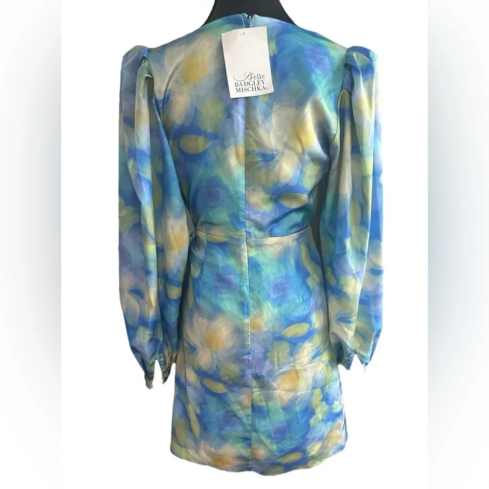 NWT Badgley Mischka Blue & Yellow Watercolor Long Sleeve Satiny Wrap Dress - Picture 9 of 10